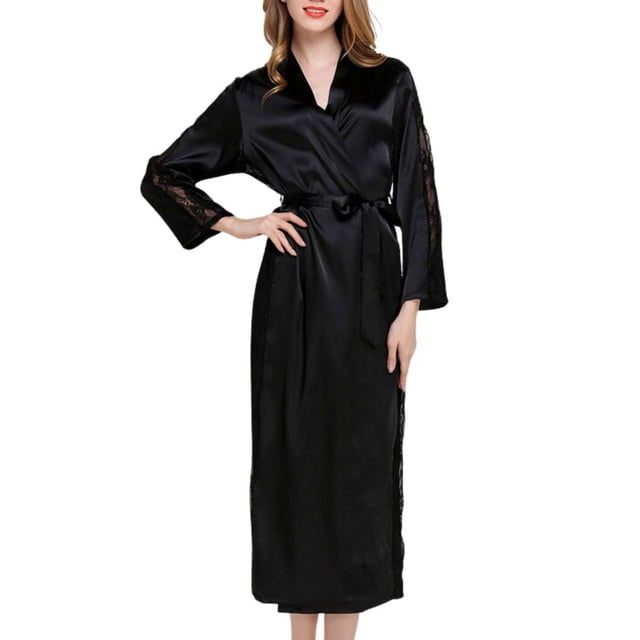 Gibobby Bata satin mujer Pijamas De Seda para Mujer para Dormir De Satén para Mujer Albornoz Largo Camisón De Color Sólido Sexy con Cinturón (Negro,M)