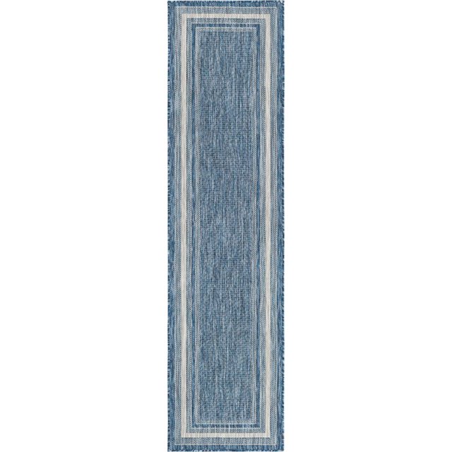 Unique Loom Extérieur Frontière Solide Tapis Tonal 2' x 8' Coureur Bleu/beige