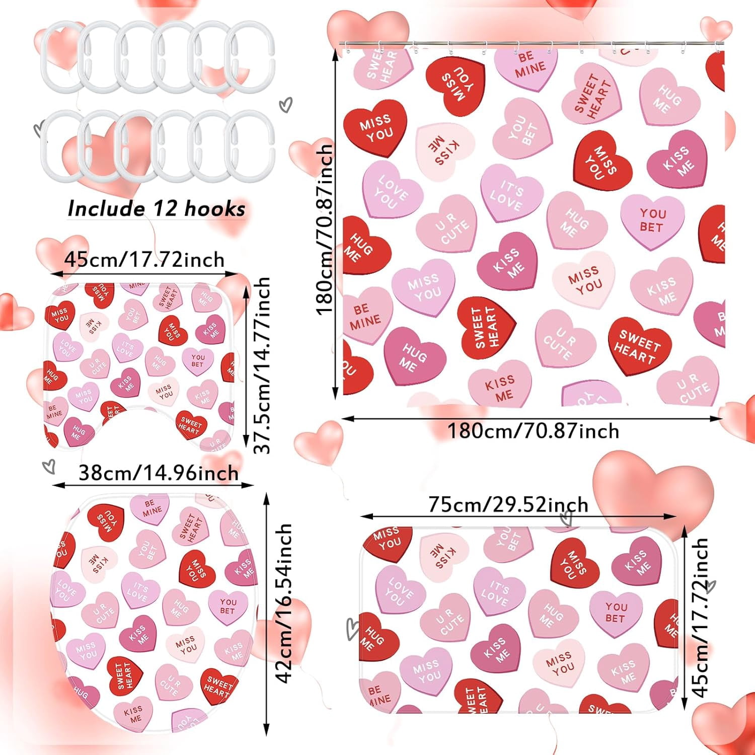 4 Pcs Valentines Shower Curtain Set, Non Slip Rugs Toilet Lid Cover U Shape Bath Mat and 12 Hooks Conversation Heart Pink Bathroom Supplies for Valentines Accessories Decor Set
