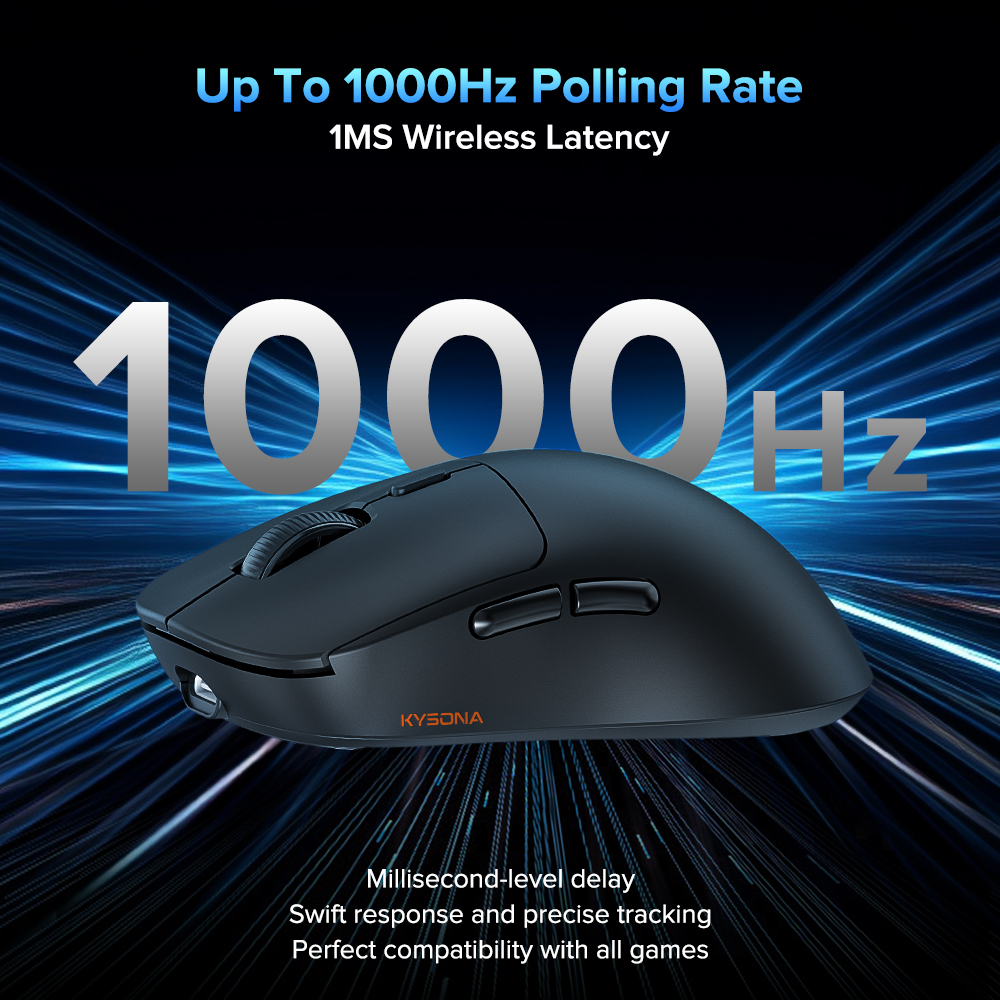 KYSONA Wireless Gaming Mouse Ultralight 55g, 3395 Lag-Free Sensor, 26K DPI, 80Hrs Long Battery Life, 6 Programmable Button for PC, 3 Modes (2.4G/Wired/BT), Win with M600v2, Black