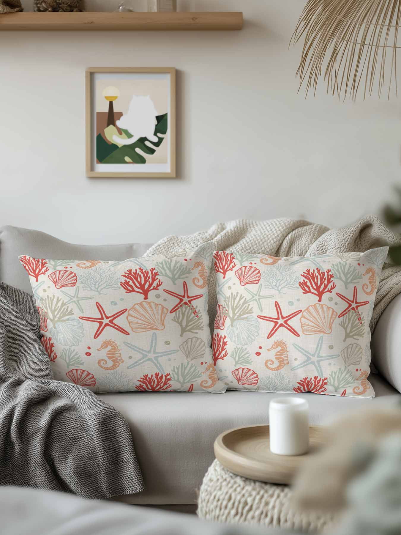 Waterproof Outdoor Throw Pillows with Inserts 18"x18", Red Orange Coastal Soft Decorative Pillowcases for Couch Bedroom, Summer Beach Starfish Coral Nautical Rustic Pillow Covers for Sofa Living Room