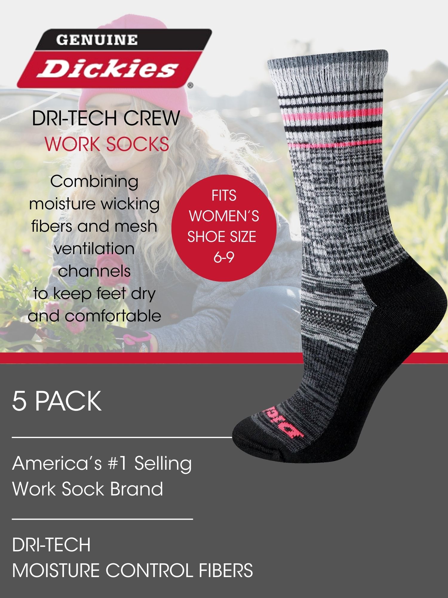Genuine Dickies Women's Dri-Tech Striped Asst Crew Socks, 5-Pack