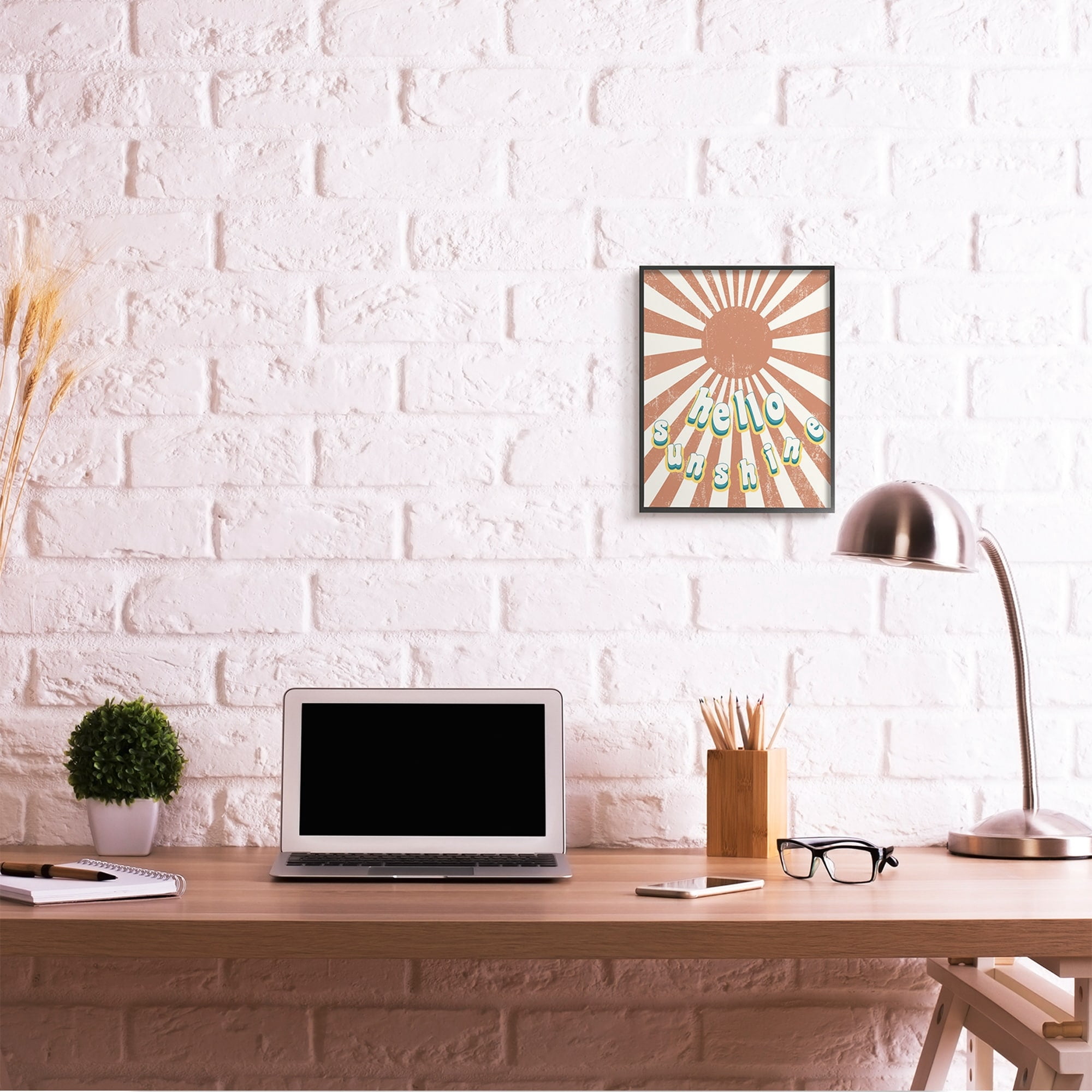 Stupell Industries Playful Hello Sunshine Phrase Orange Sun Burst Black Framed by Daphne Polselli