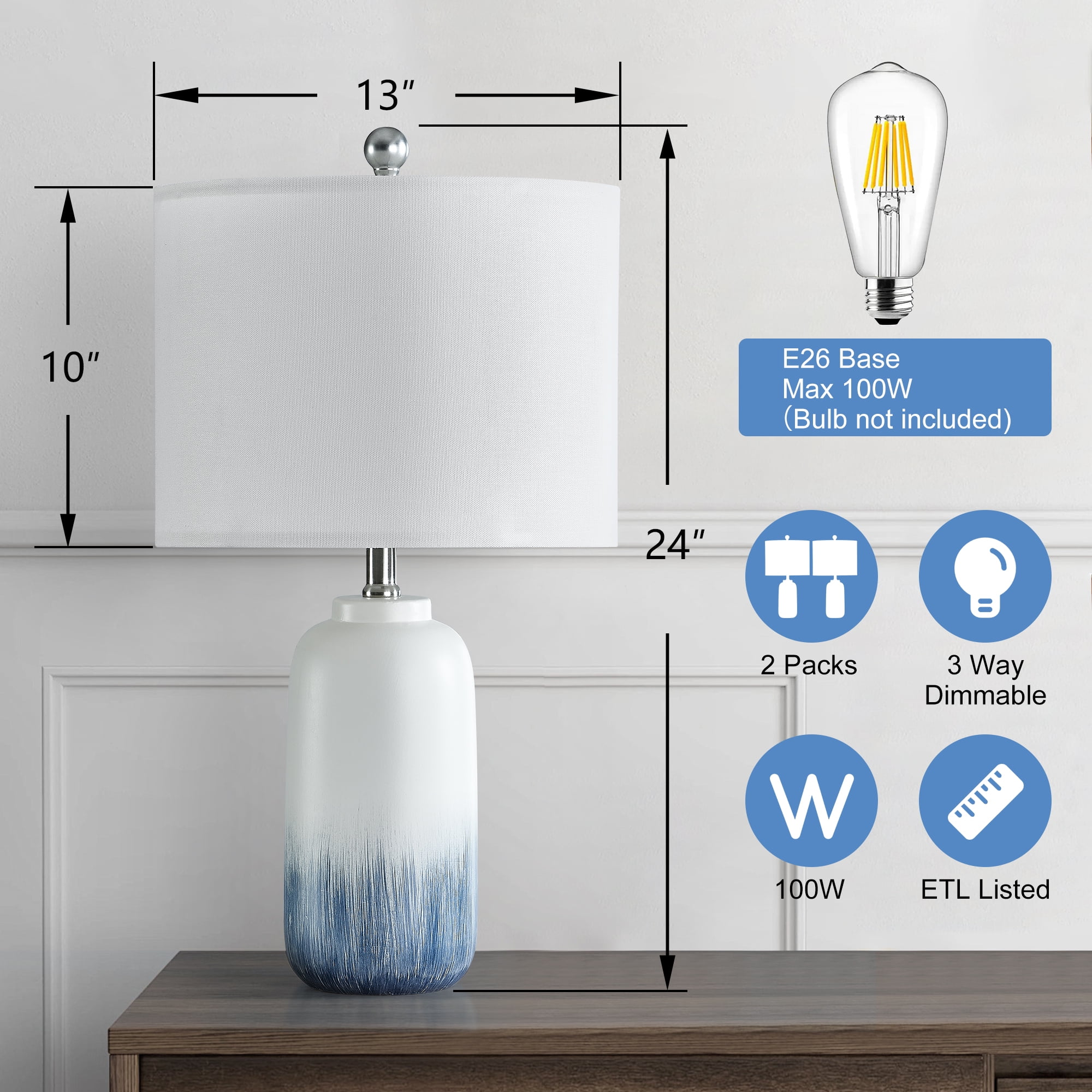 Maxax Blue Ceramic Table Lamps Set of 2, 24" 3-Way Dimmable Bedside Lamps for Bedroom & Living Room