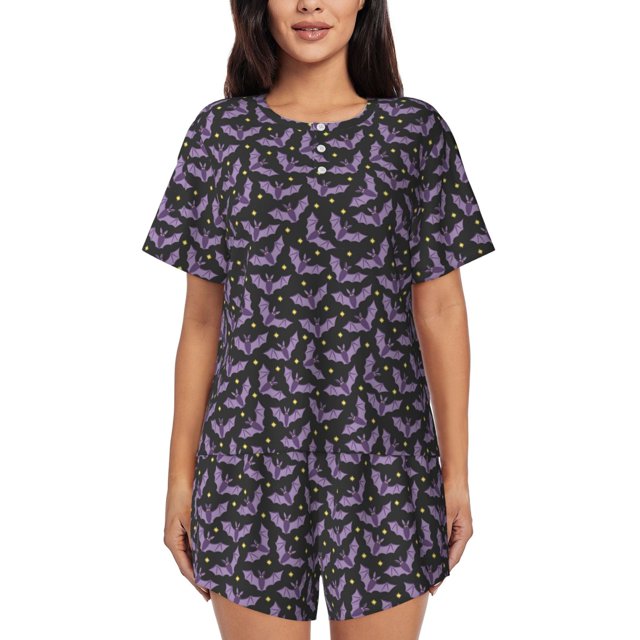 Fotbe Bat Purple Conjunto de Pijama Estampado para Mujer, 2 Piezas, Ropa de Dormir con Camiseta de Manga Corta y Shorts Suaves-3X-Large