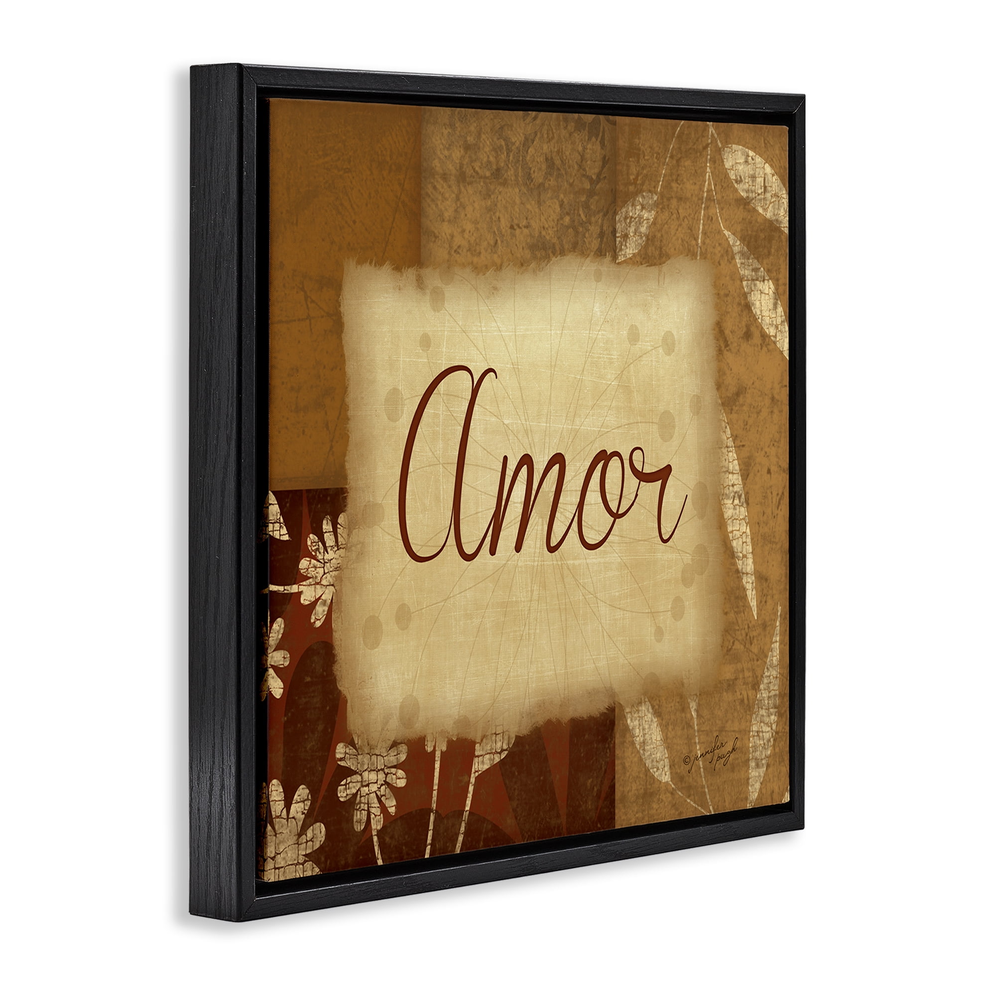 Stupell Industries Amor con Flores Tradicionales Typography and Symbols Painting Black Floater Framed Art Print Wall Art, 25 x 25