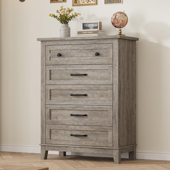 5 Dresser for Bedroom, 41.3 in Tall Vertical Drawer Dresser with Large Storage, Freestanding Wooden Closet Chest for Bedroom, Living Room, Grey