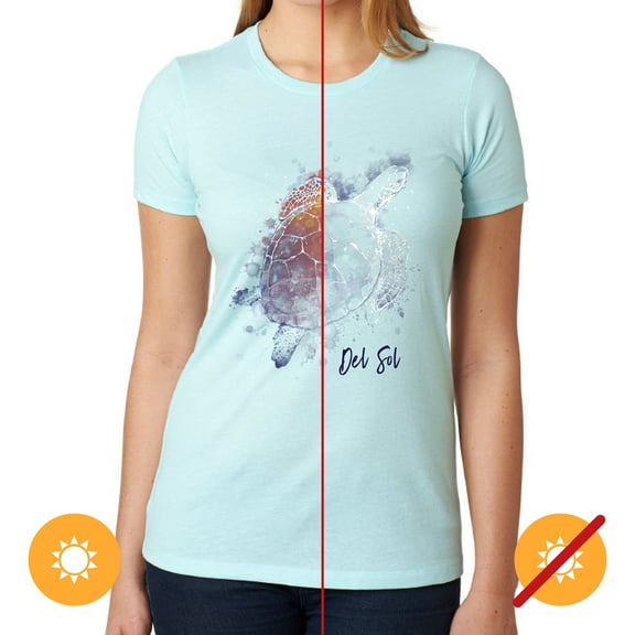 Del Sol Women's Premium Crew Tee - Turtle Splash, Ice Blue T-Shirt - Changes from Blue to Vibrant colors in the Sun - 60% Combed, Ring-Spun Cotton, 40% Polyester Jersey