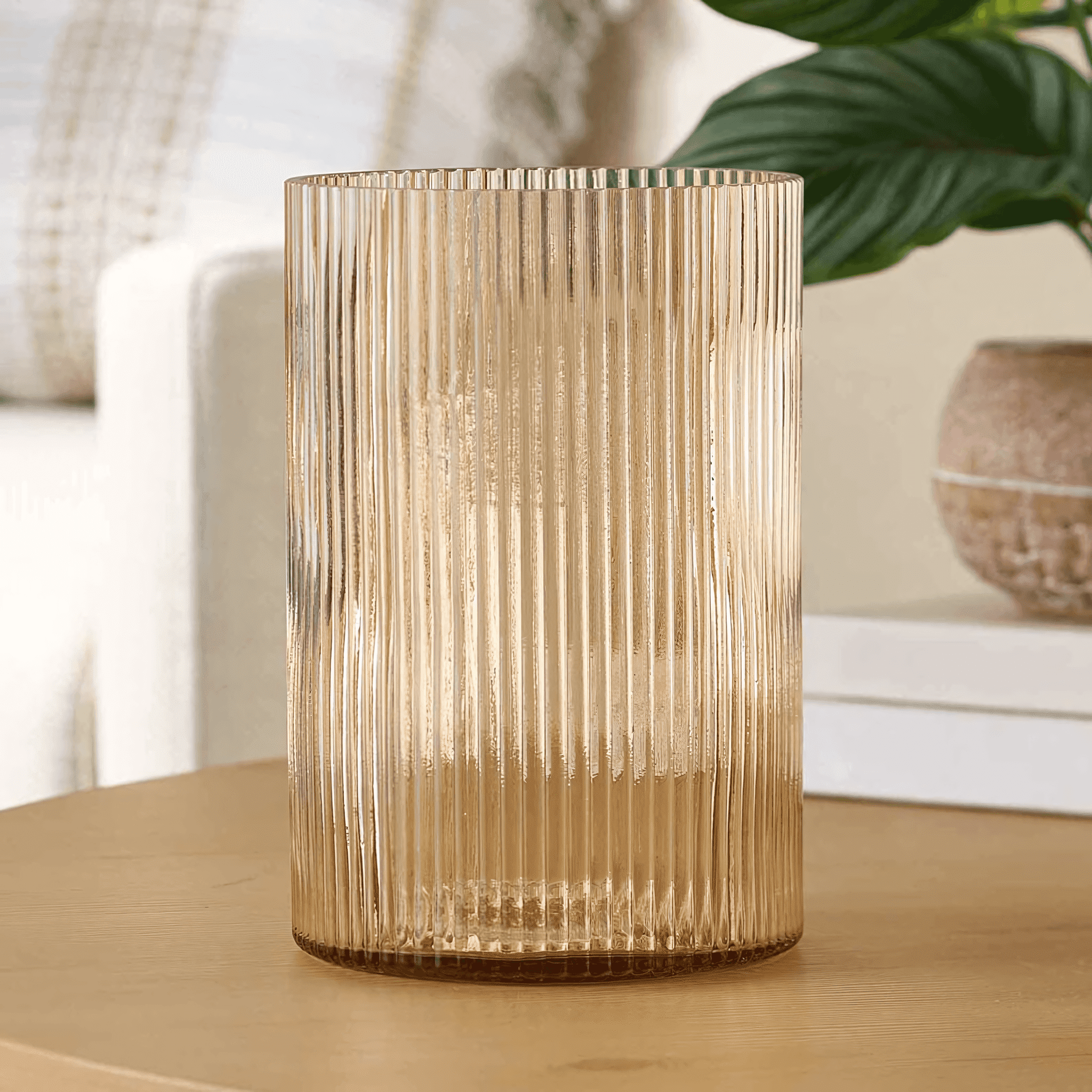 Better Homes & Gardens Amber Glass Ribbed Hurricane Candleholder, 8", Large