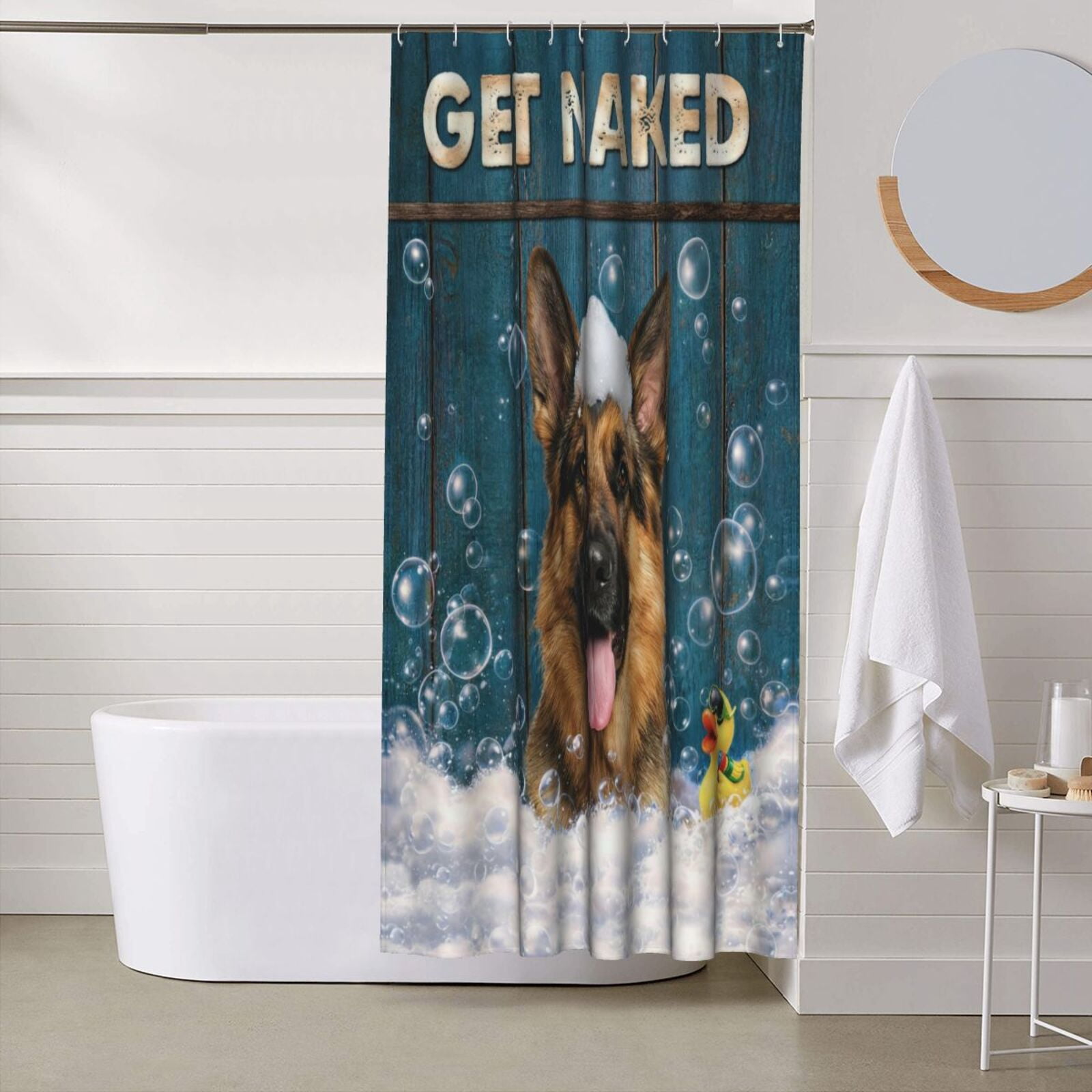 German Shepherd Shower Curtain - Funny Dog Bath Curtain with Bubbles & Rubber Duck, Waterproof Polyester Fabric, Unique Bathroom Decor for Pet Lovers - 60"x72"