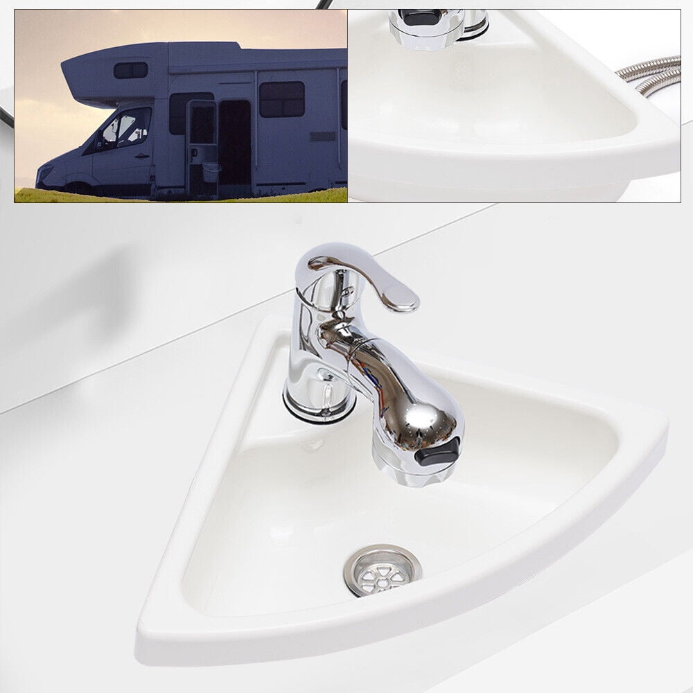 Wall Mount Corner Bathroom Sink White Acrylic Triangle Sink With Faucet Vanity Single Bowl Sink for Boat Caravan Rv Camper Kitchen Bathroom Lavatory