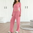 thumbnail image 4 of FRSASU Women's 2 Piece Outfits Lounge Sets Spring Long Sleeve Button Slim Tops Wide Leg Drawstring Pants Casual Matching Set Pink, 4 of 8