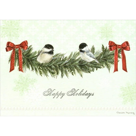 LPG Greetings Two Chickadees Perched on Evergreen Branch Box of 18 Christmas Cards