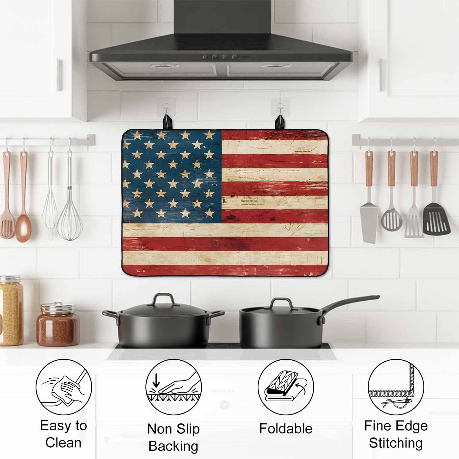 American Flag Stove Top Cover for Electric Stove, Heat-proof & Non Slip Glass Top Stove Cover Protector, Red Strip Vintage Shabby US Flag Kitchen Flat Cooktop Rubber Mat 24x21 Inches