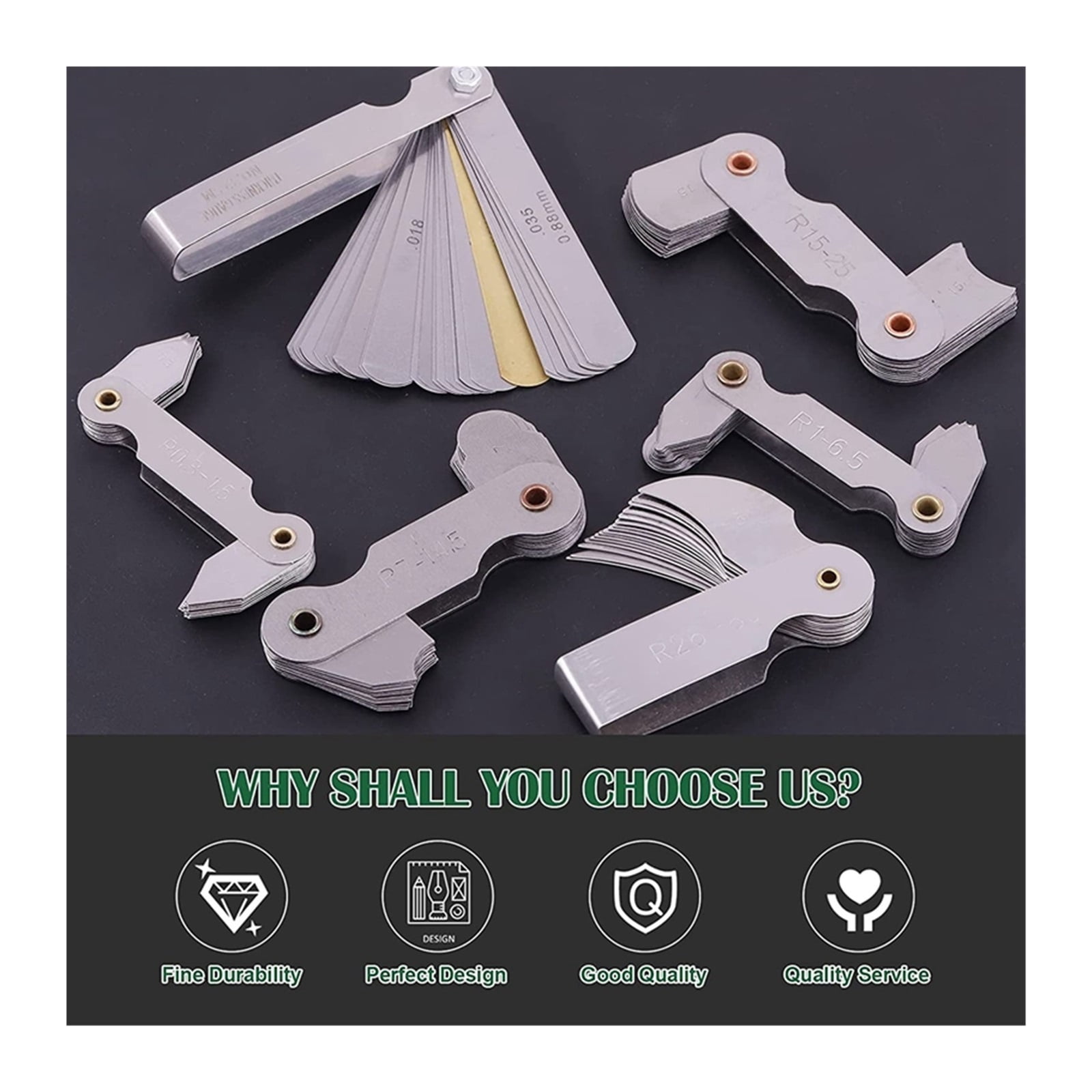 6 Pcs Stainless Steel Radius Gauge With Feeler Gauge Set Arc Radius Fillet Gauge And 0.04-0.88Mm Space Measure Tool ,Easy to Use