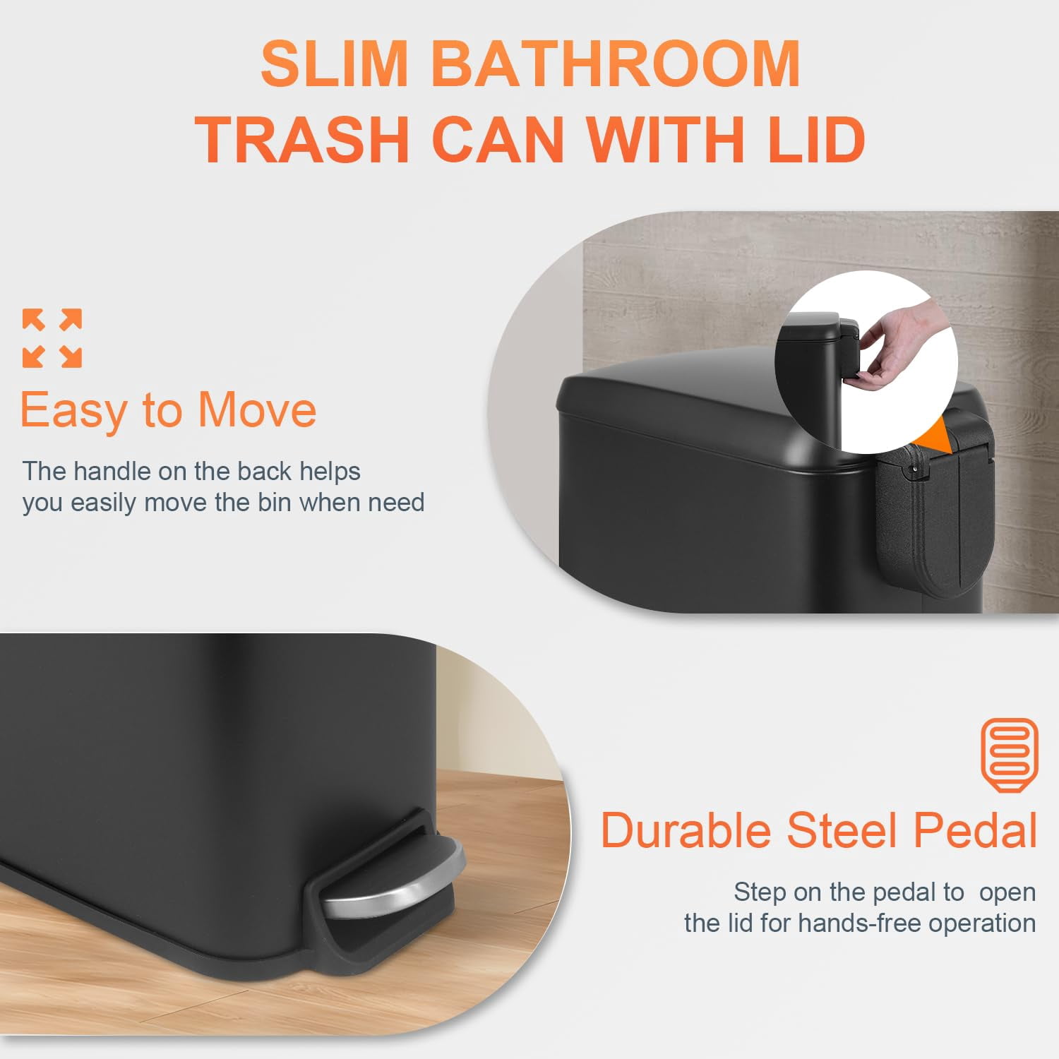 YRLLENSDAN Small Bathroom Trash Can with Lid, Step Trash Can with Foot Pedal, Stainless Steel Small Garbage Can for Bedroom Kitchen Office Dorm, Black 2 Pack