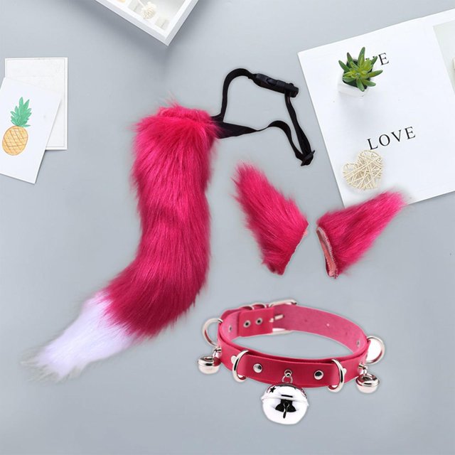 Conjunto de orejas y cola de piel sintética Accesorios de disfraces de cosplay Gargantilla de cuello de cuero de PU de regalo para fiestas temáticas Fernando Cola para la cabeza