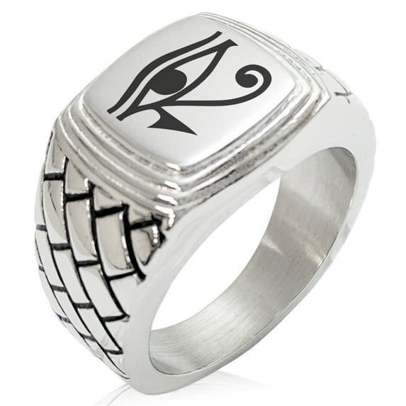 Stainless Steel Egyptian Eye of Horus Geometric Pattern Step-Down Biker Style Polished Ring