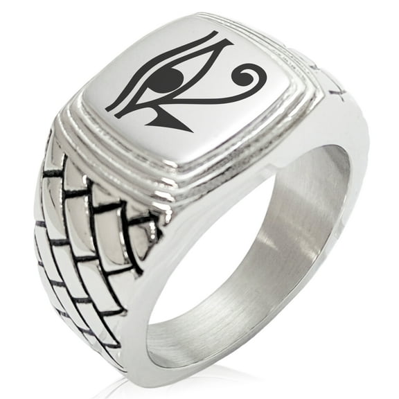 Stainless Steel Egyptian Eye of Horus Geometric Pattern Step-Down Biker Style Polished Ring