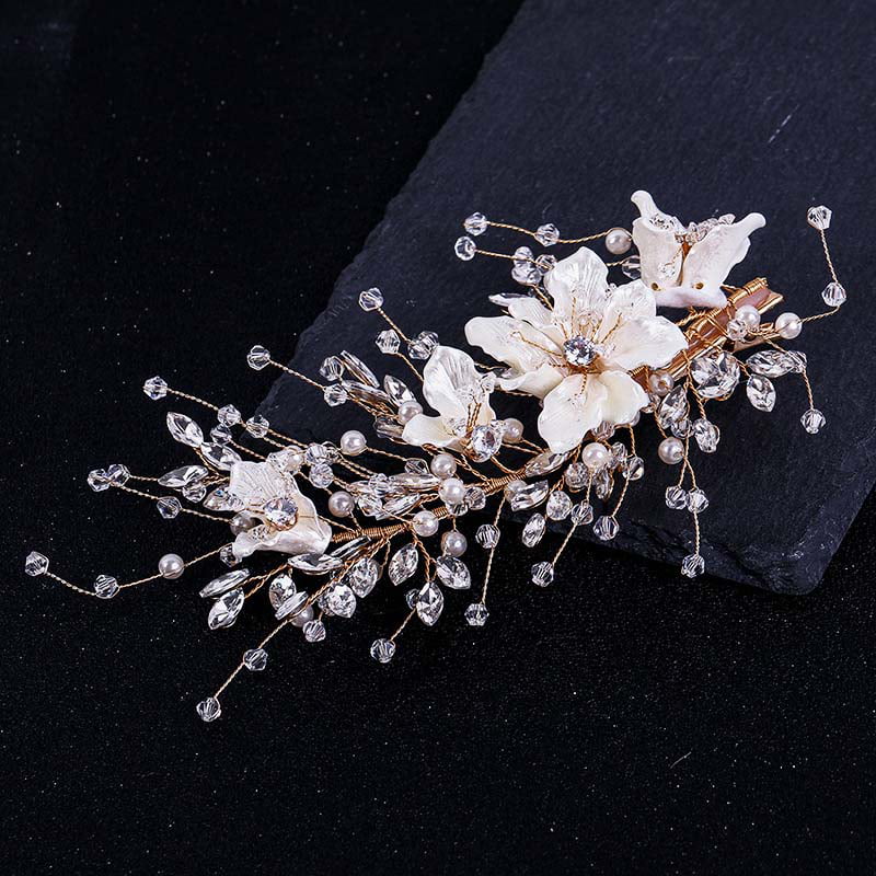 Duretiony Exquisite White Flowers Crystal Beads Golden Wire Hairclip Retro  Handmade Weave Headpiece Bride Wedding Hair Accessories 