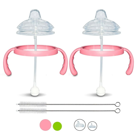 Sippy cup conversion Kit for comotomo Baby Bottles 2-count with Weighted Straw, Bottle Handles and Straw cleaning Brush BPA-Free Spill-Proof (Sippy Spout, Pink)