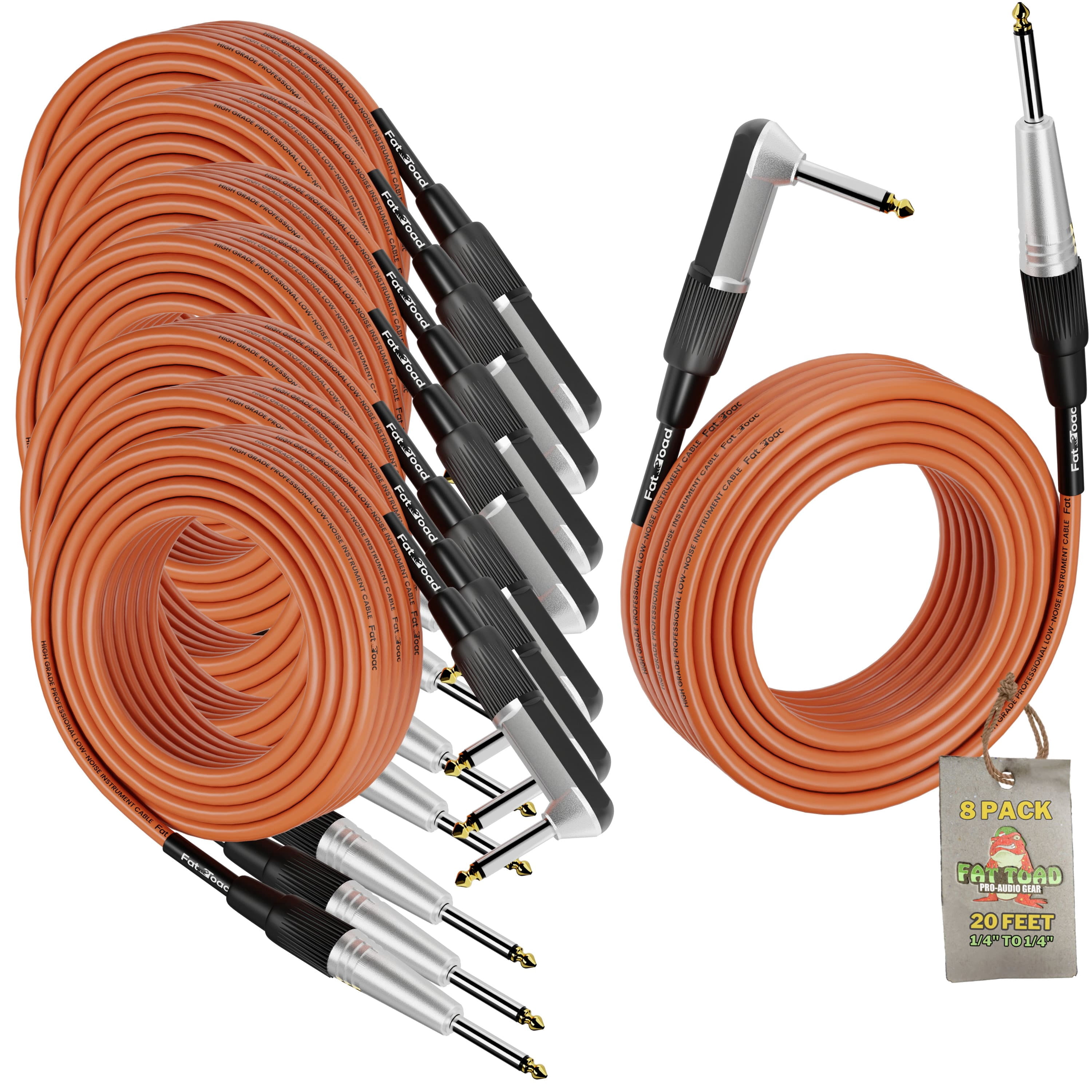 (8 PACK) 20FT Guitar Cables | Fat Toad 24GA Wires Electric Pedal PA Speaker AMP