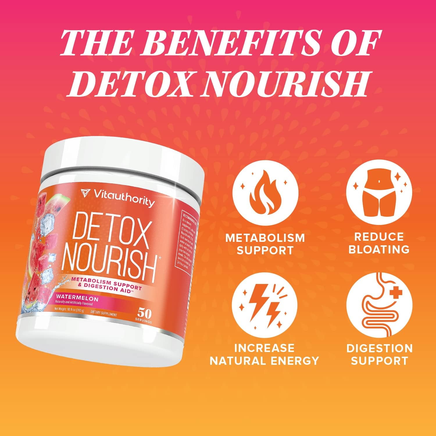 Vitauthority Detox Nourish Dietary Supplement Powder, Metabolism Support & Digestion Aid, Watermelon, 10.9 oz