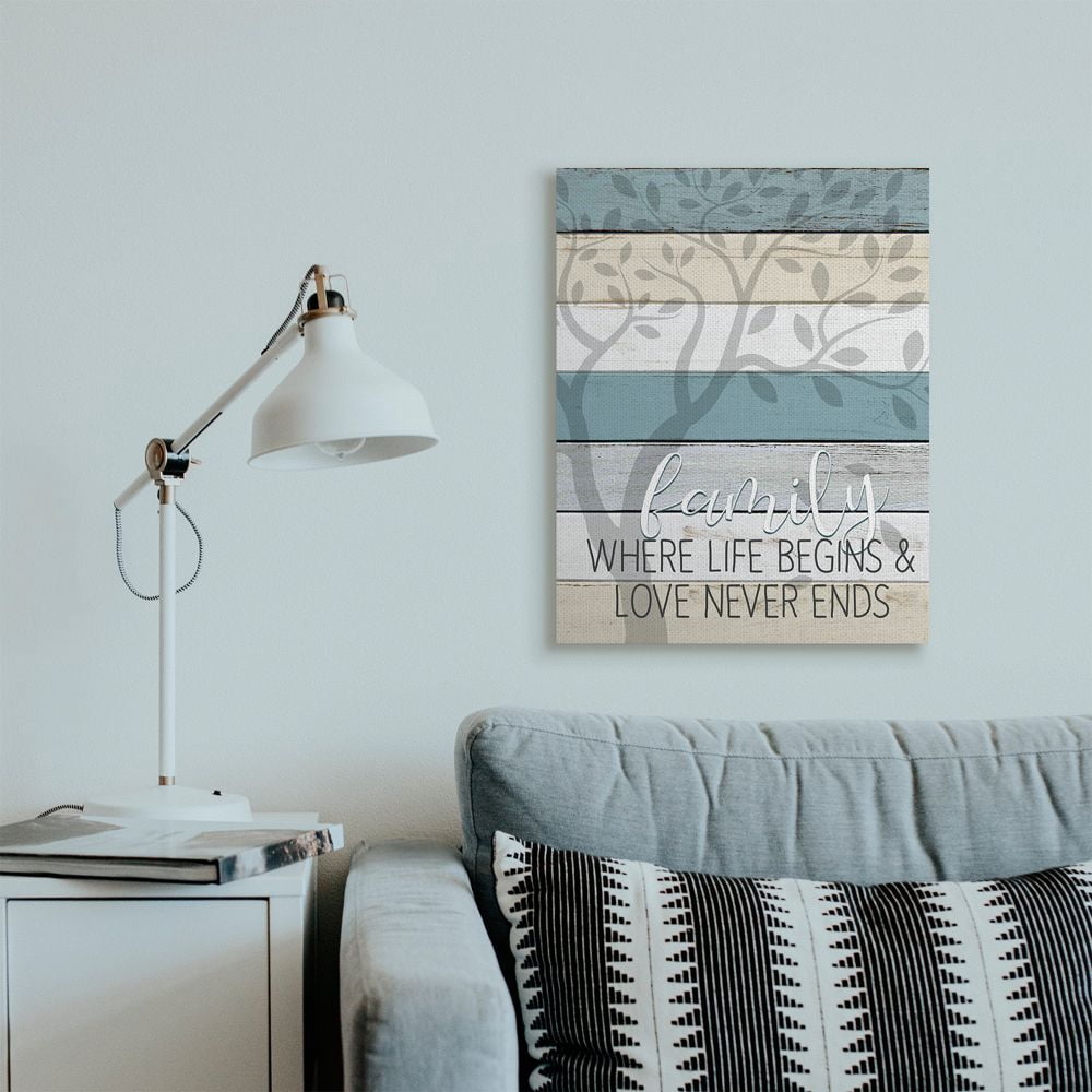 Stupell Industries Family Begin and End Quote Tree Wood Grain Blue Tan Phrase Canvas Wall Art Design by Kim Allen, 24" x 30"