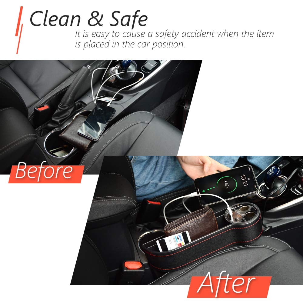Easy to Access Cellphones Cards Glasses Cables and Gadgets Elegant Black, 2 PCS, Fits 0.8-1.6 inches Premium PU Leather Car Gap Filler Storage Pockets with Antislip Foam Car Seat Side Pocket