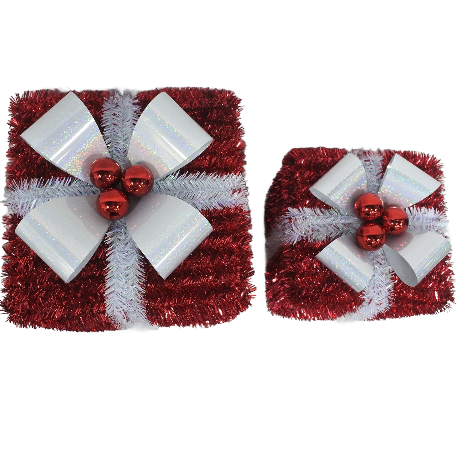 Tinsel Gift Boxes Christmas Decorations, Red and Silver, 2 Piece, by Holiday Time