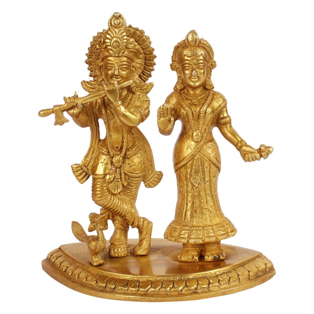 Radha Krishna Murti, Elegant Design With Rich Color Details, Brass, Gold - 7 Inch, Ideal For Décor & Devotional Use, Antique Style, Handmade, Gift For Religious Celebrations, Weddings, Idol