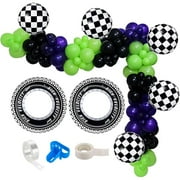 Monster Truck Theme Balloon Garland, 132pcs Black Green Dark Purple Balloon Arch with Car Wheel Balloon, Chessboard Foil Balloons for Monster Jam Theme Birthday, Baby Shower, Race Car Birthday Party