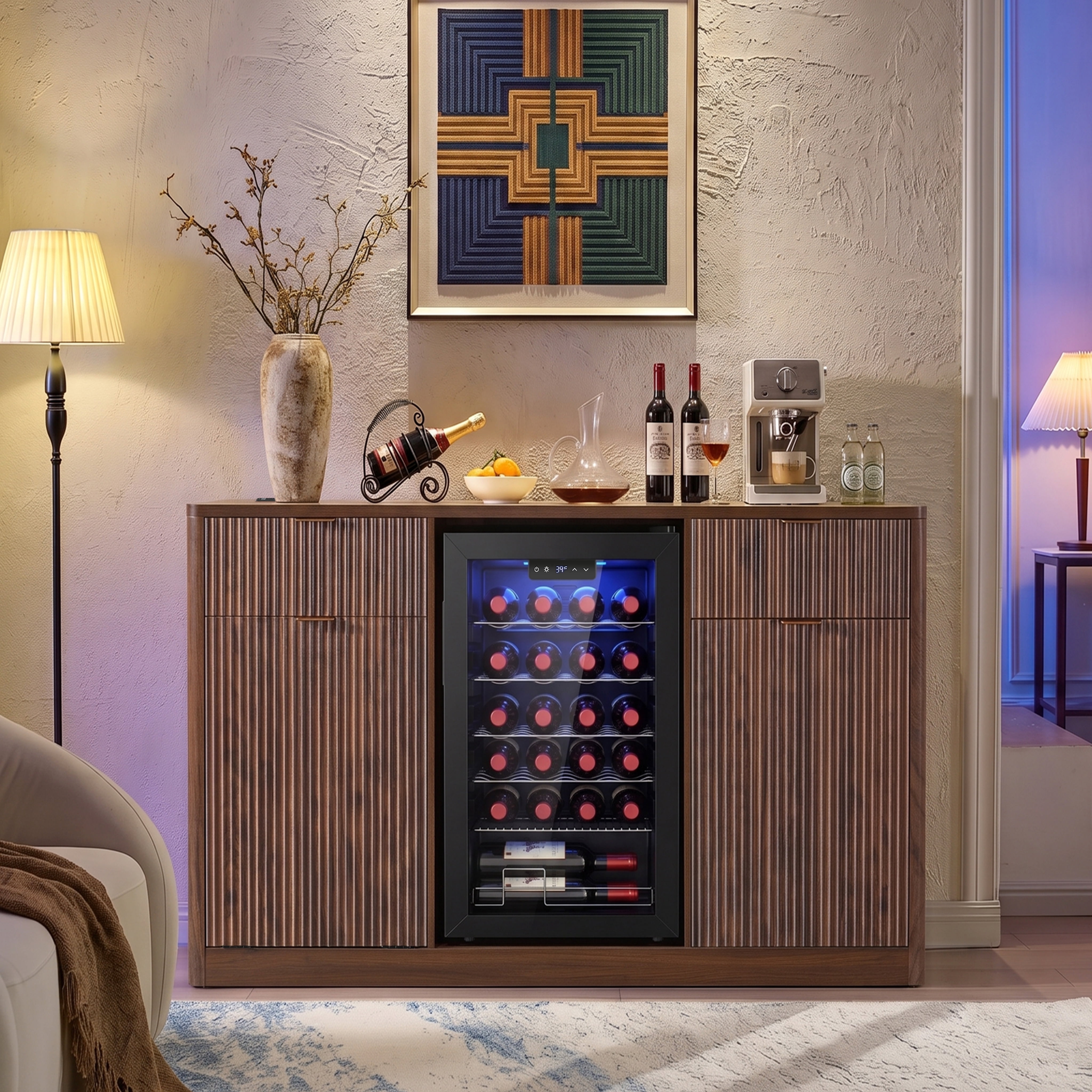 Euroco 59" Coffee Bar Cabinet with Mini Fridge Space,Fluted Buffet Sideboard & Liquor Cabinet with Charging Station,Tilt-Out Trash Cabinet and Wine Glass Holder for Kitchen Dining Room,Walnut