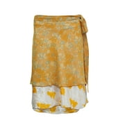 Womens Beach Wrap Skirt Yellow Printed Two Layer Reversible Silk Sari Short Skirts …
