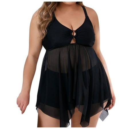 KONDYS Women Summer Fashion Swim Trunks Hollow Adjustable Straps Separates Swimsuit Backless Mesh Splicing Large Size Tankini Beachwear Swimwear Tropical