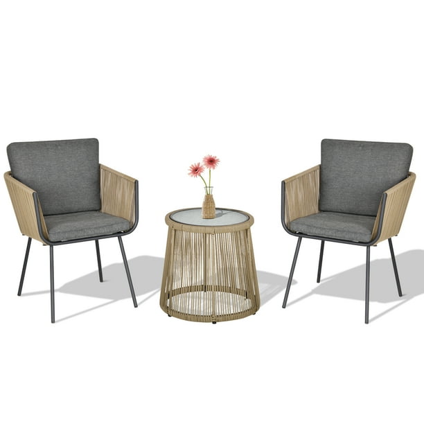 Outsunny 3 Pcs Rattan Wicker Bistro Set with Adjustable Foot Pads, Soft