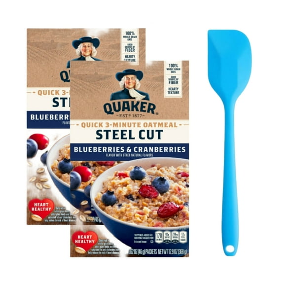 Quaker Steel Cut Quick 3-Minute Oatmeal, Blueberries & Cranberries, Quick Cook 12.9 oz, 8 Packets (2 pack) and 8in Silicone Spatula (Color Varies)