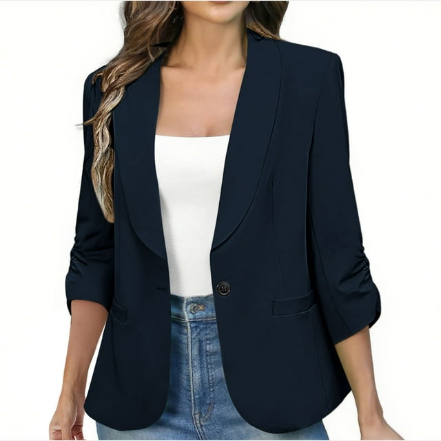 Blazer Froncé pour Femme 2025 - Manches 3/4 Coupe Ajustée, Épaule Rembourrée, Veston de Style Professionnel Décontracté