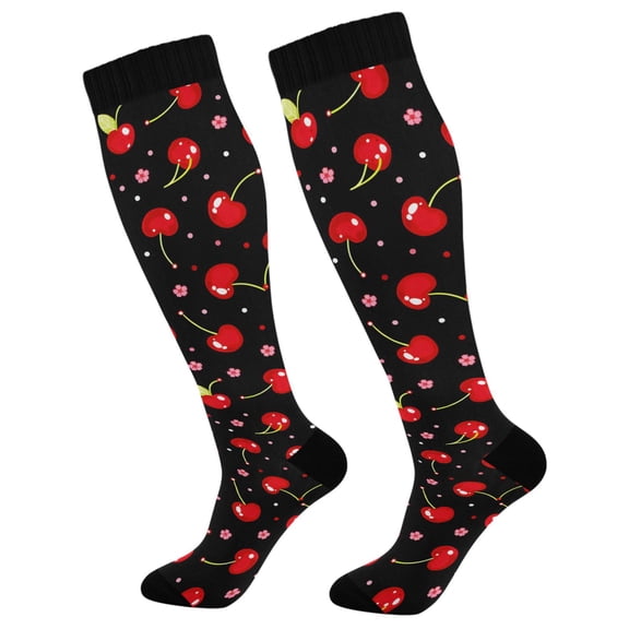 joogoo Cherry Floral Black Long Socks Women Men Knee High Sock
