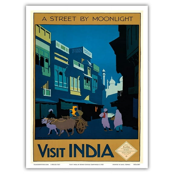 Visit India - A Street by Moonlight - Street Scene with Ox Cart - Vintage Travel Poster by Henry George Gawthorn c.1920 - Master Art Print (Unframed) 9in x 12in