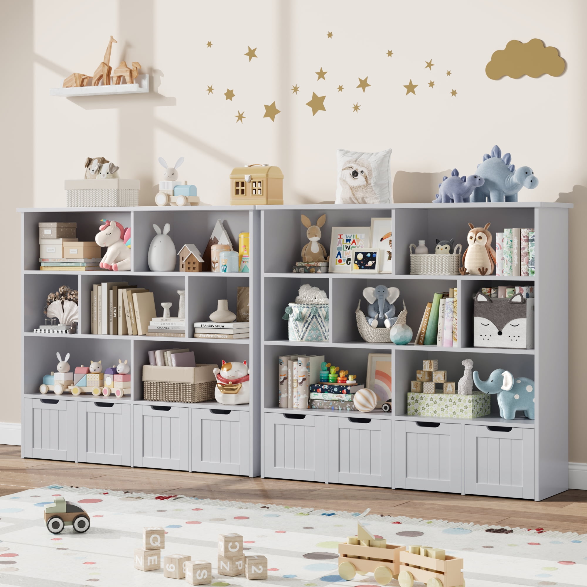 Homfa 7 Cube Toy Storage Organizer, Kids Geometric Bookcase and Bookshelf with 4 Drawers, Grey