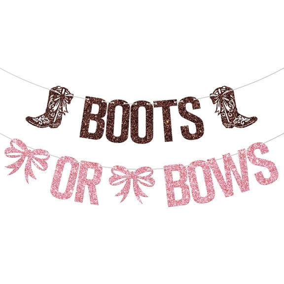 Boots or Bows Banner, Cowgirl Cowboy Gender Reveal Banner, Boy or Girl, He or She, Western Themed Baby Shower Gender Reveal Party Decorations Glitter