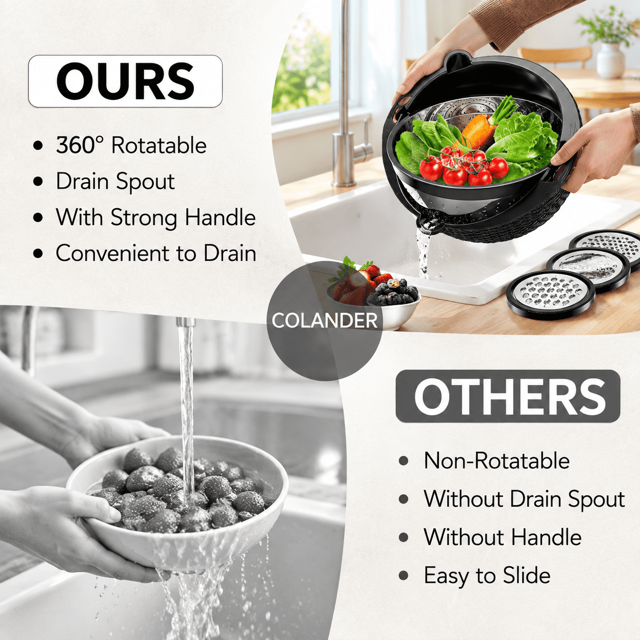 4-in-1 Black Colander With Bowl Set - Pasta Strainer Rice Fruit Veggie ...