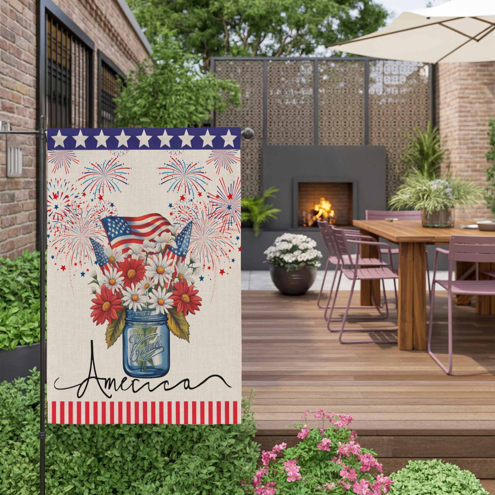 American Flag House Flags For Outdoor, Daisy Vintage Linen Small Double Side Yard Flags Weather Proof House Decor for Lawn Outside Holiday 28 x 40 Inches
