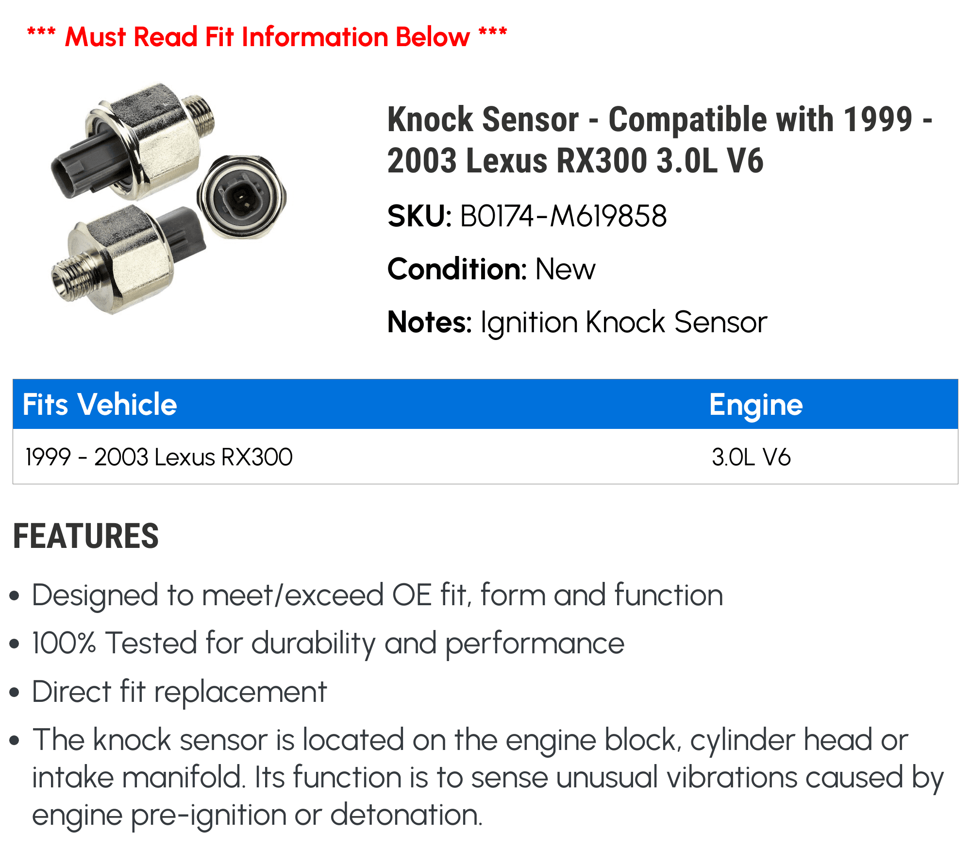 Knock Sensor - Compatible with 1999 - 2003 RX300 3.0L V6 2000 2001 2002