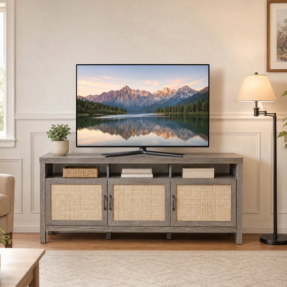Rattan TV Stand for TV's up to 65 Inch with 3 Door & Open Shelf, Entertainment Media Center for Living, Bedroom,Gray