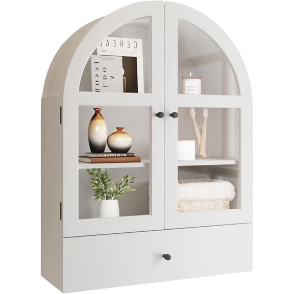 Arched Bathroom Wall Cabinet with Drawer Over The Toilet Storage Cabinet, Medicine Cabinet with Glass Door for Living Room, Kitchen（White）