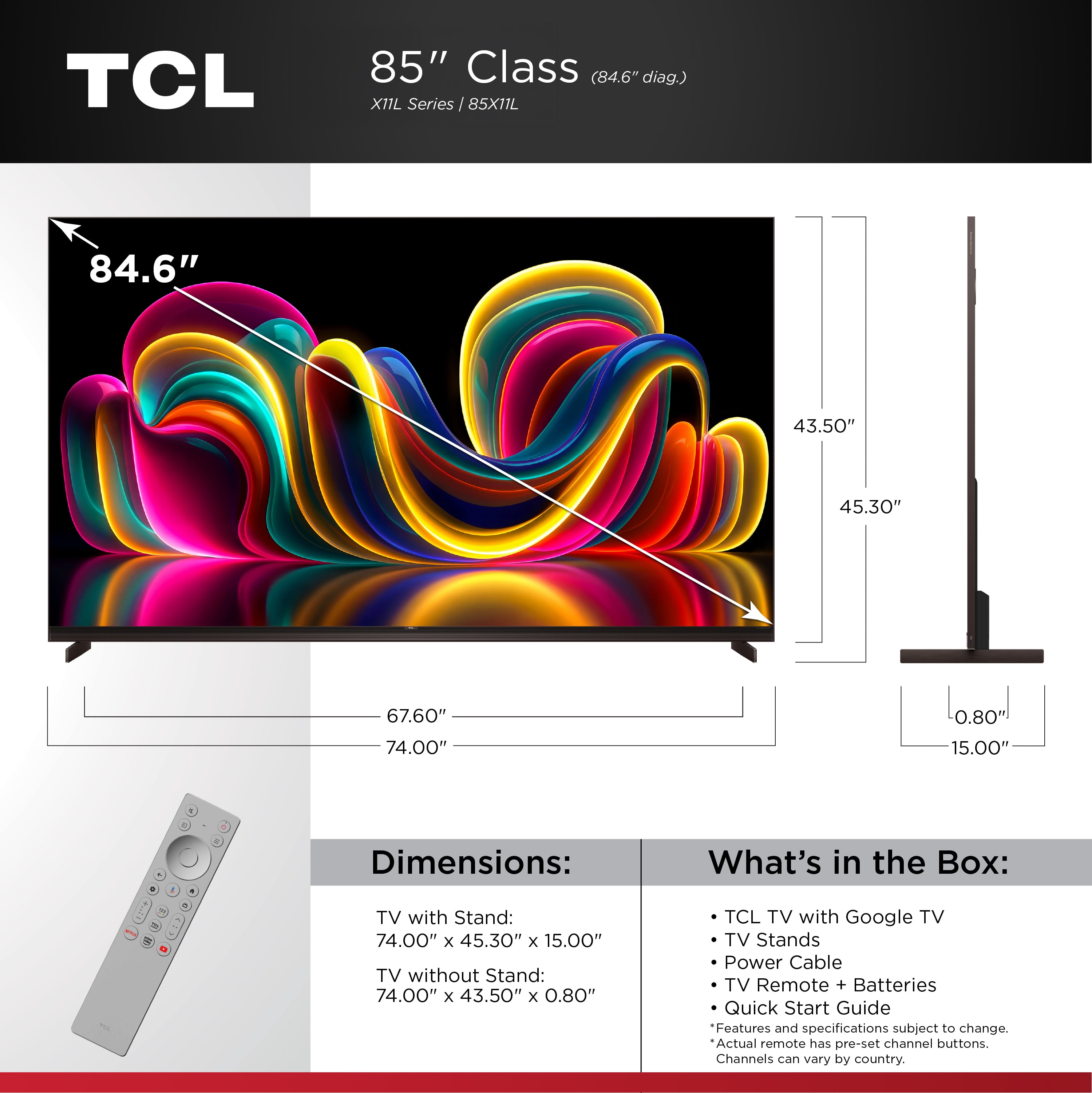 TCL 85” Class X11L Series QLED SQD-Mini LED Smart Google TV (NEW 2026) - Deep Color System with Super QLED, Up to LD20000 Precise Dimming Series, Up to HDR10000 Peak Nits, UltraThin Depth - 85X11L