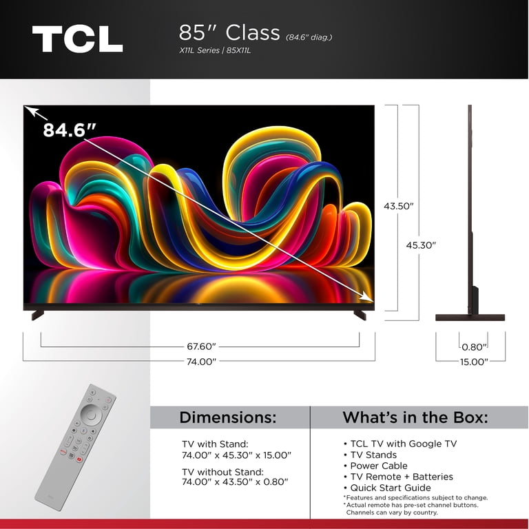 TCL 85” Class X11L Series QLED SQD-Mini LED Smart Google TV (NEW