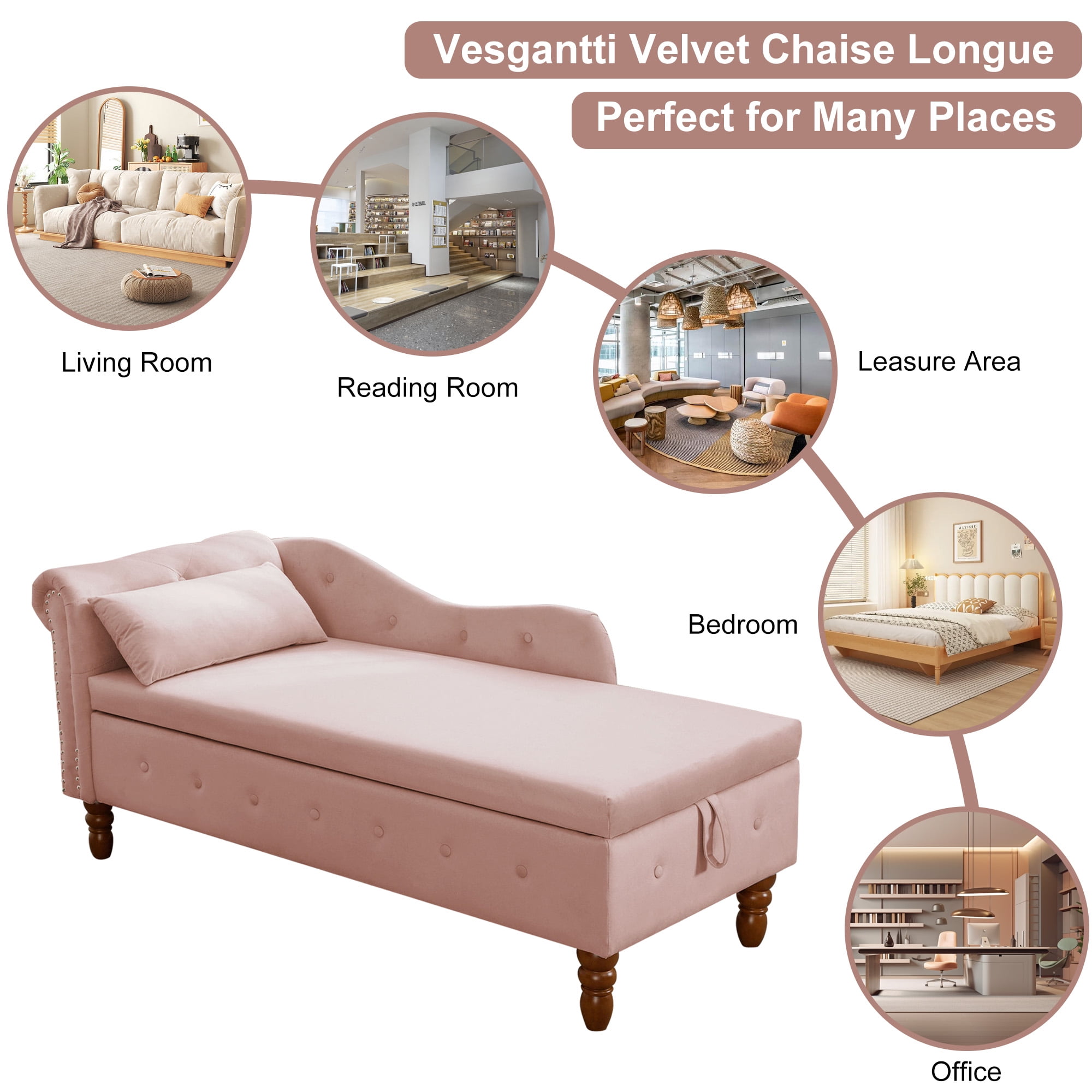 Aukfa Storage Chaise Lounge Chair Indoor Recliner Lounge Chair for Living Room Bedroom,Pillow - Pink